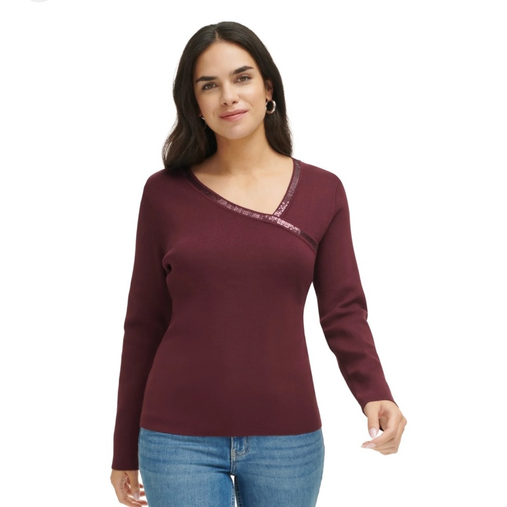 Calvin Klein Womens Embellished Asymmetrical Knit Blouse, Purple, Sz XL